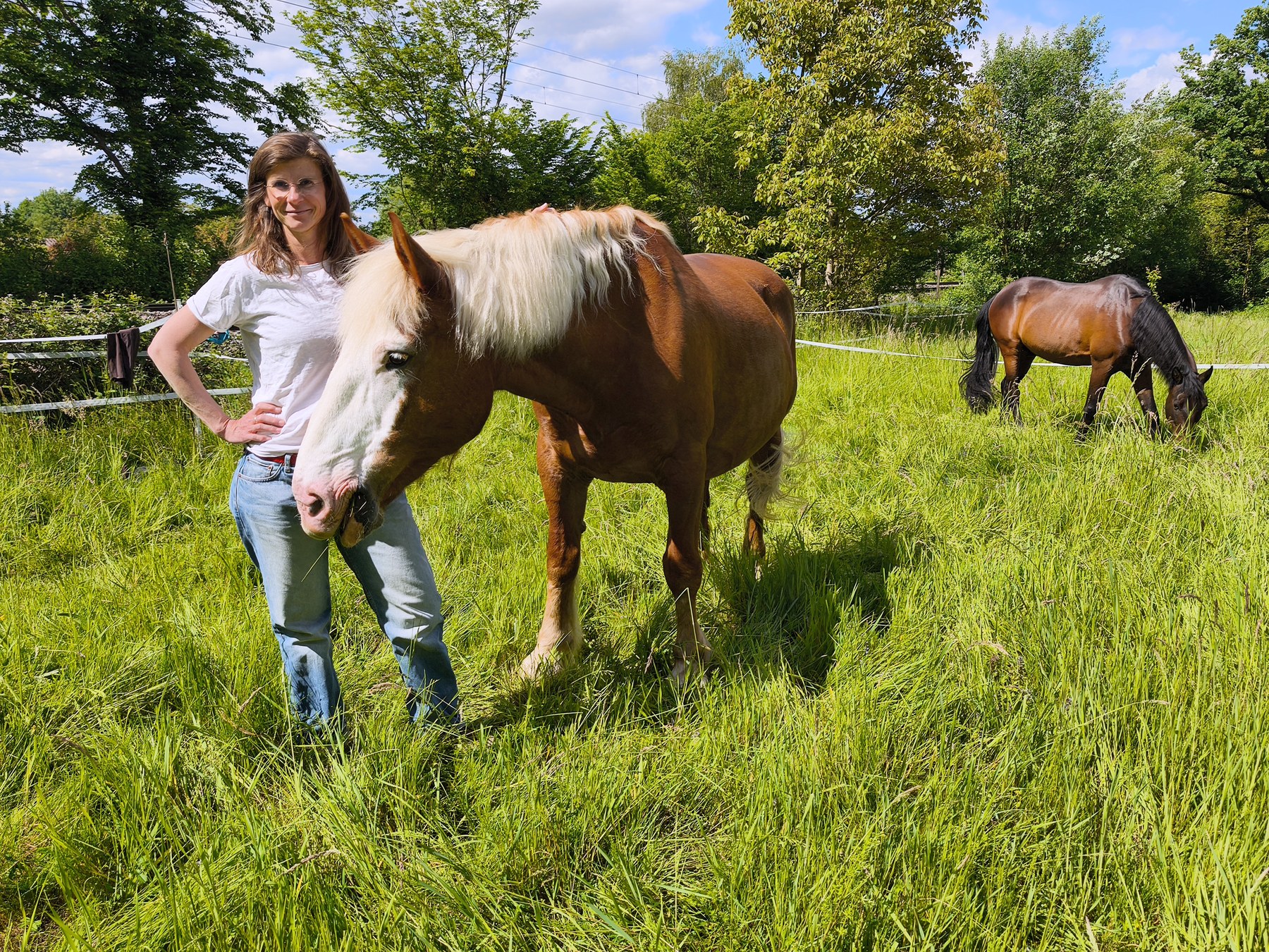 Eine Frau steht auf der Wiese neben einem Pferd